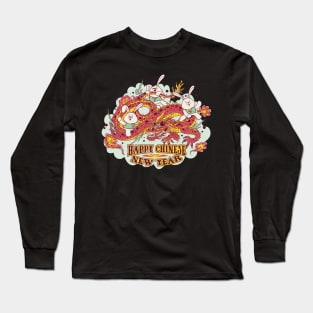 three cartoon bunnies riding on a Chinese dragon, and the title Happy Chinese new year Long Sleeve T-Shirt